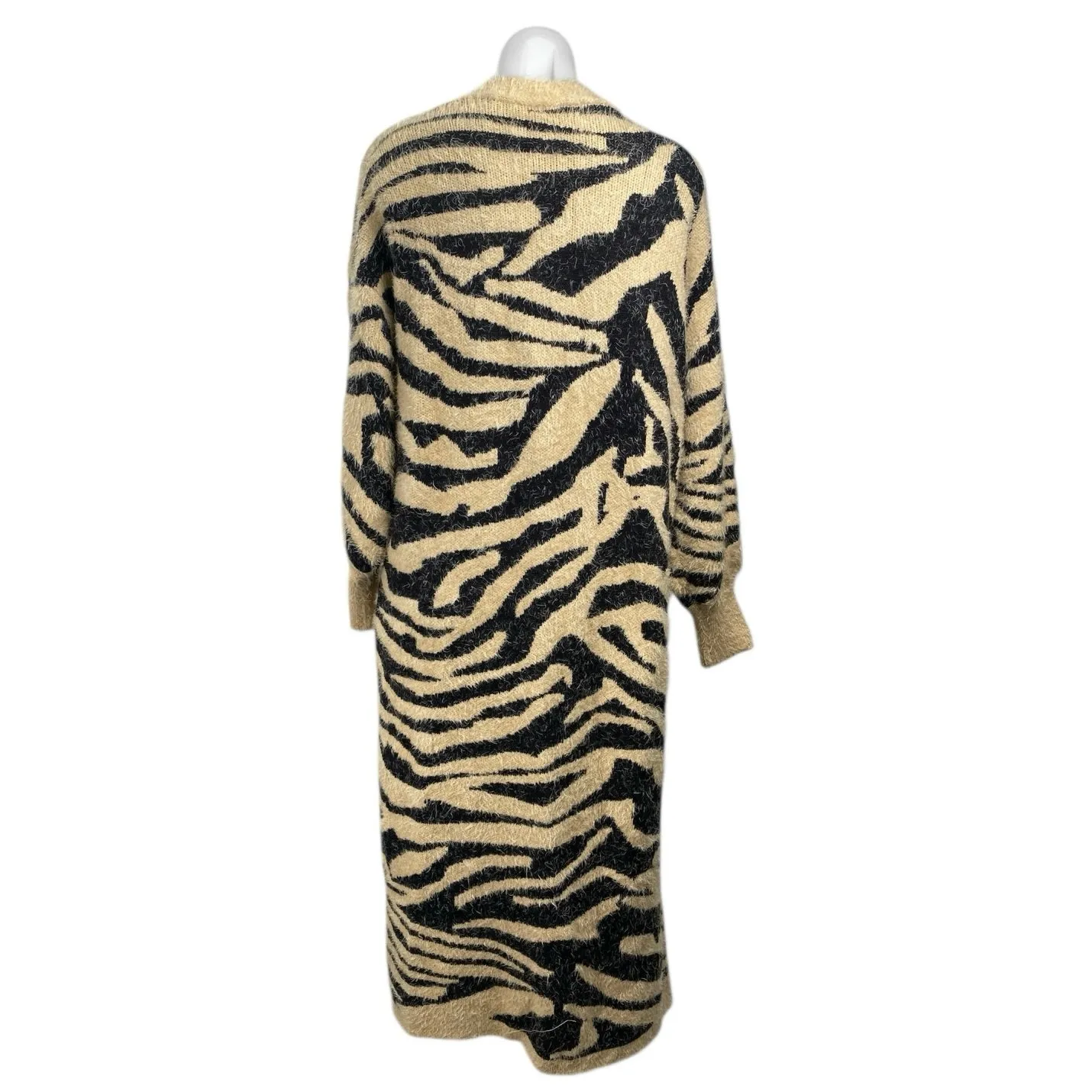 Women's Beige Black Tiger Print Eyelash Knit Longline Cardigan Sweater Top Sz S - Image 3