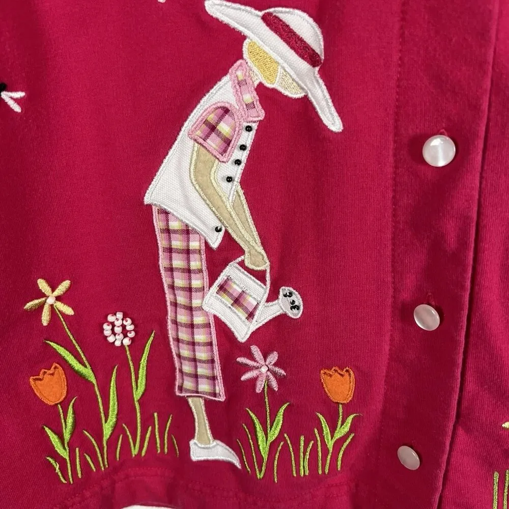 Mandala Bay Top Womens XL Hot Pink Novelty Gardener Dragonflie Tulips Garden Art - Image 4