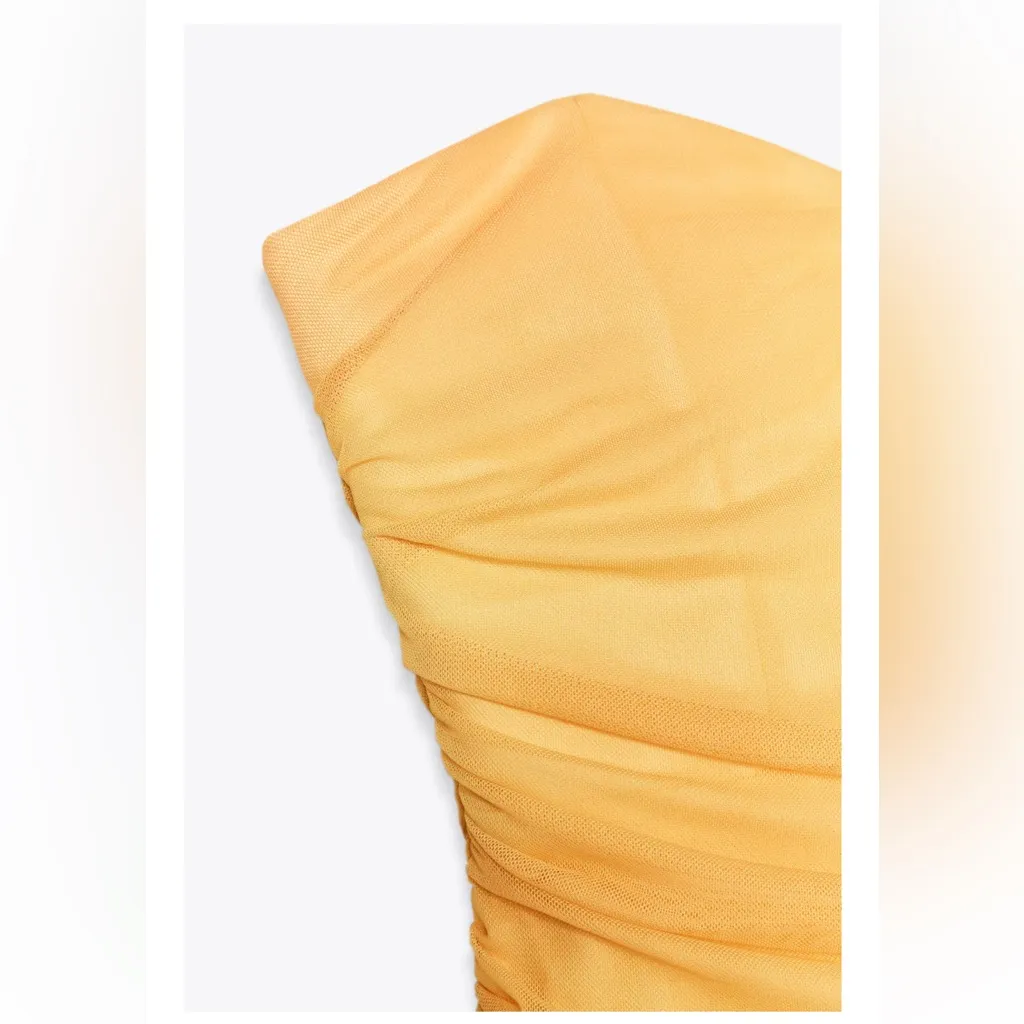 Zara NWT yellow orange tie dye printed tulle midi draped ruched sweetheart dress - Image 15