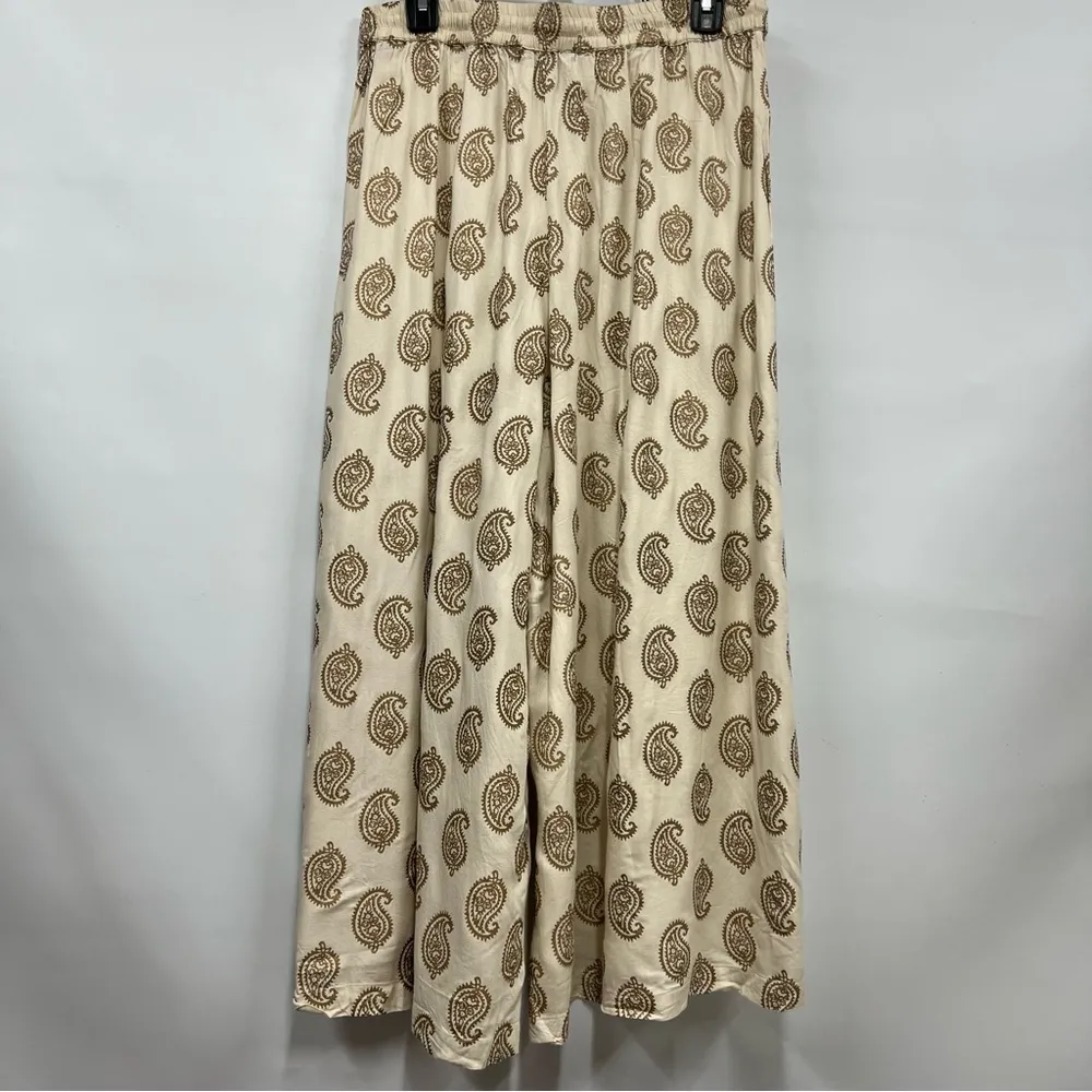 Paisley Cream l/xl wide flare leg pants resort wear elastic waist drawstring Brown - Image 2