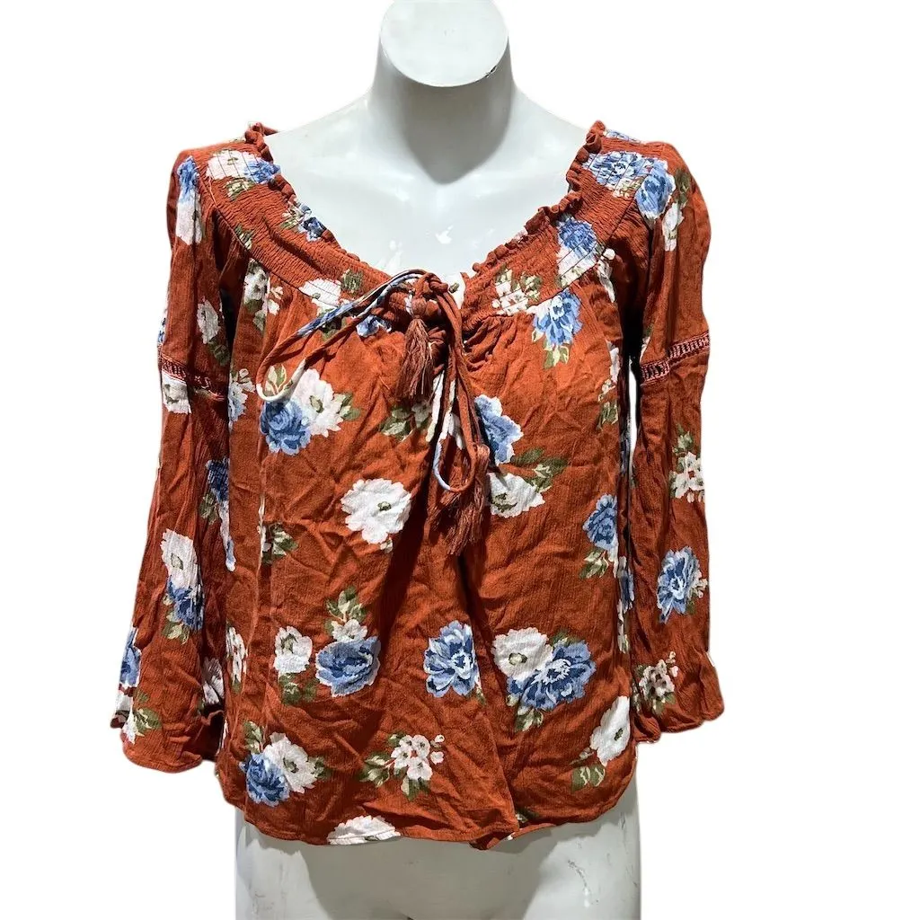 Krazy Kat Women's M Floral Peasant Tunic Blouse V-Neck Long Sleeve - Image 7