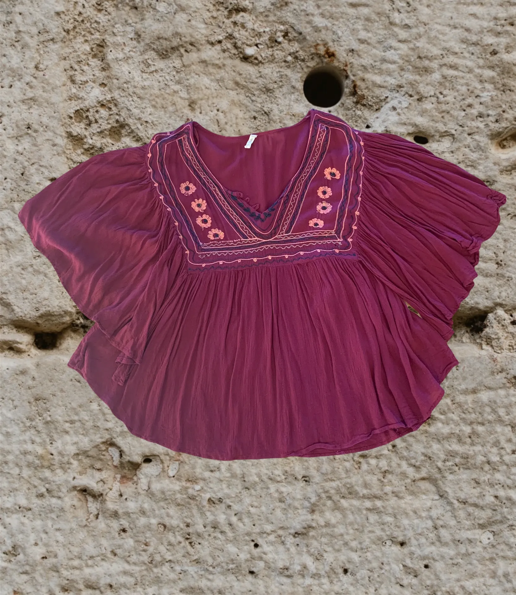 Flowy Maroon Hippie Top Embroidered Top Batwing Shirt Womens M Earthy - Image 2