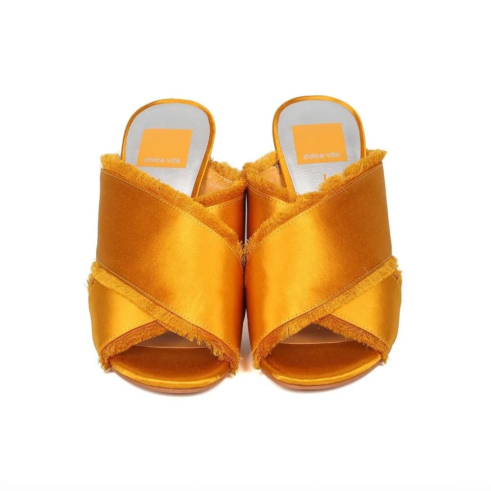 Dolce Vita Block Heel Sandals 9.5 Henry Raw Fringe Saffron Satin Mules Gold - Image 3
