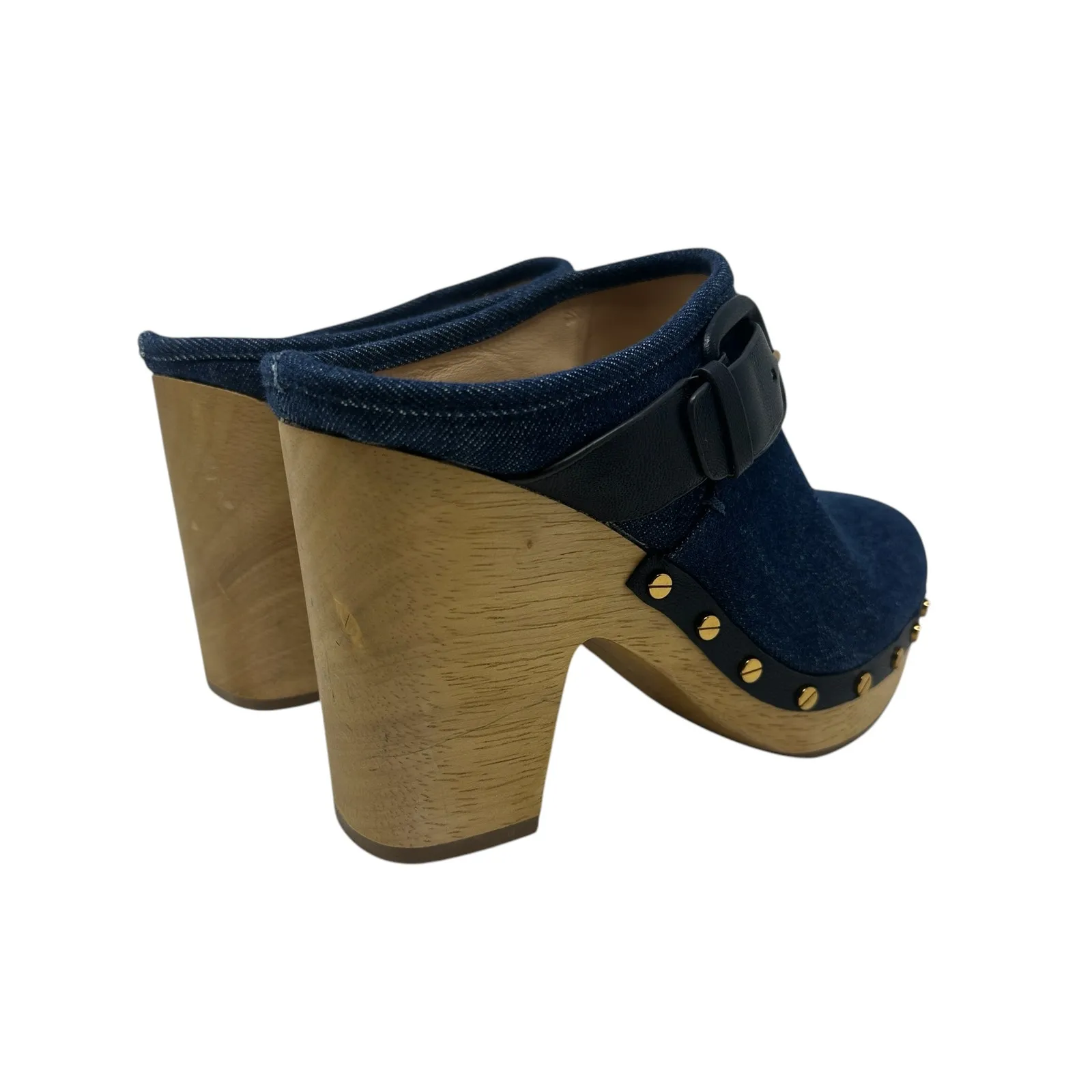 Veronica Beard Dacey Denim Clogs Heels Studded Buckle Wood Blue Size 9.5 - Image 5