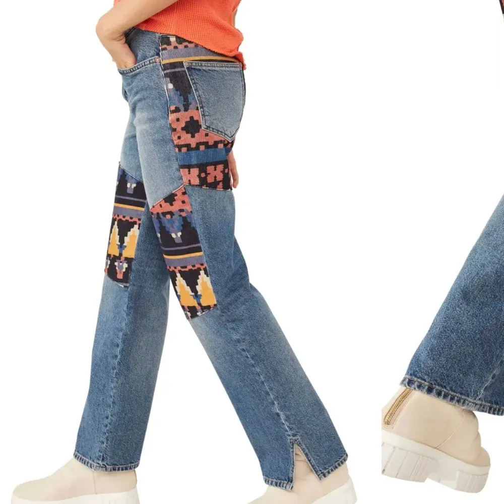 Free People Rocky Mountain straight Jean medium wash with patches size 28 NWT - Image 4