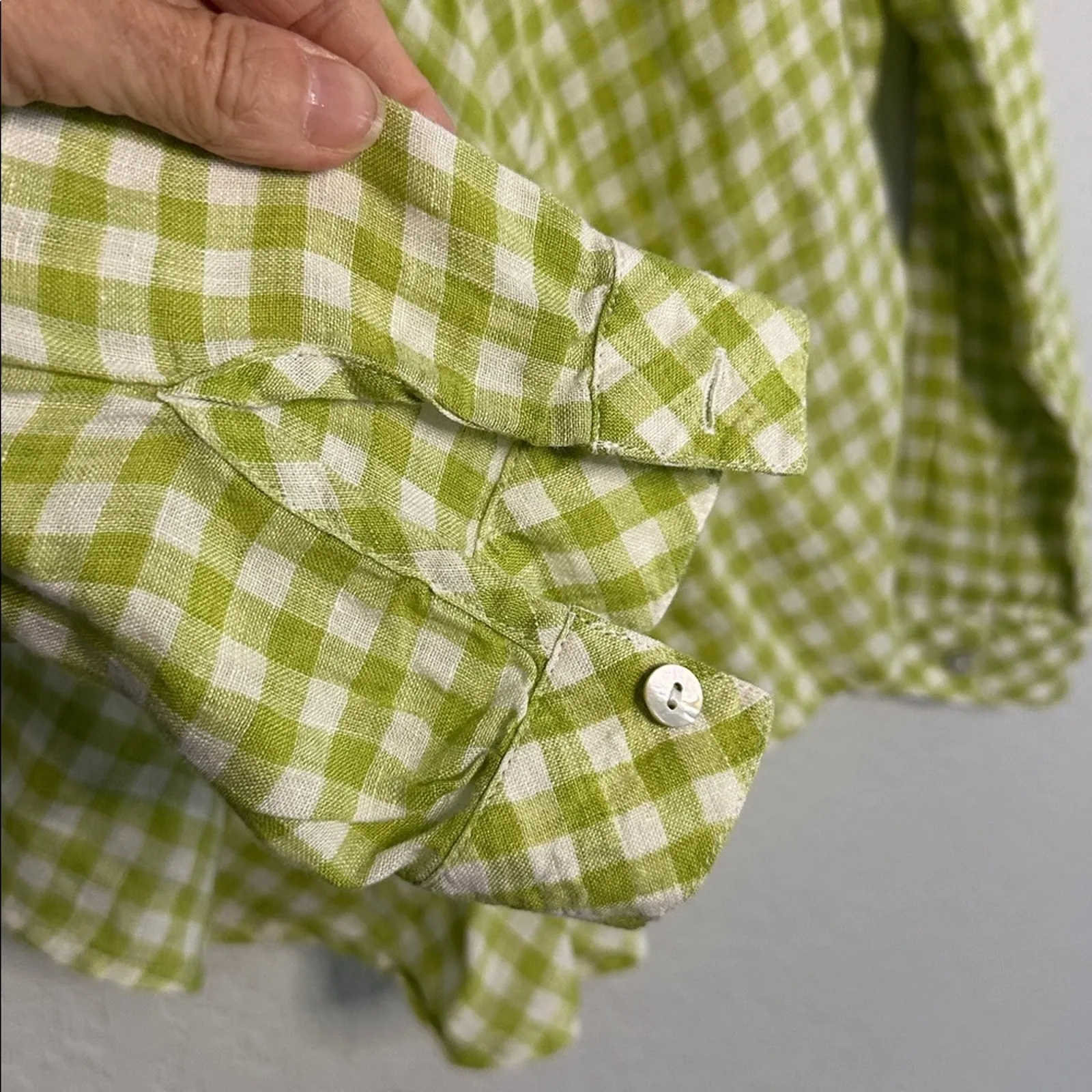 J. Jill 100% Linen Lime Green Gingham Shirt Long Sleeve Farm Country Spring - Image 3