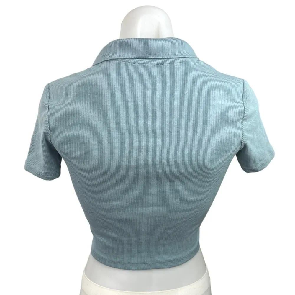 Zara Women's Blue Ribbed Knitted Collared V-Neck Short Sleeve Cropped Top Size S - Image 2