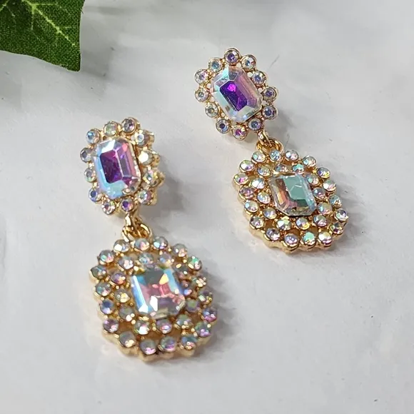 Gold and Iridescent AB Crystal Stones Glam Earrings - Image 1