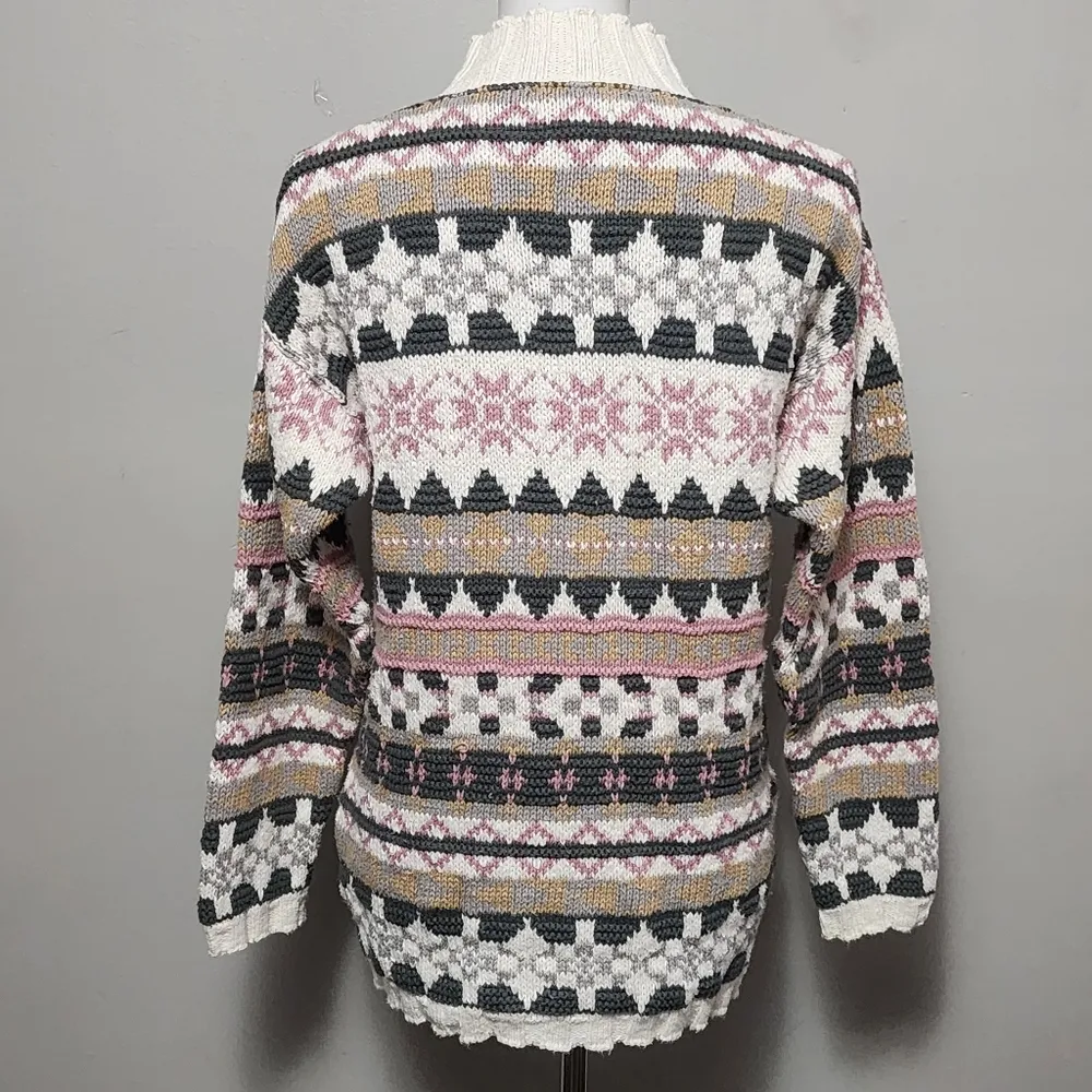 Vintage L.L. Bean Olive & Pink Fair Isle Mockneck Cotton Sweater Size Small - Image 4