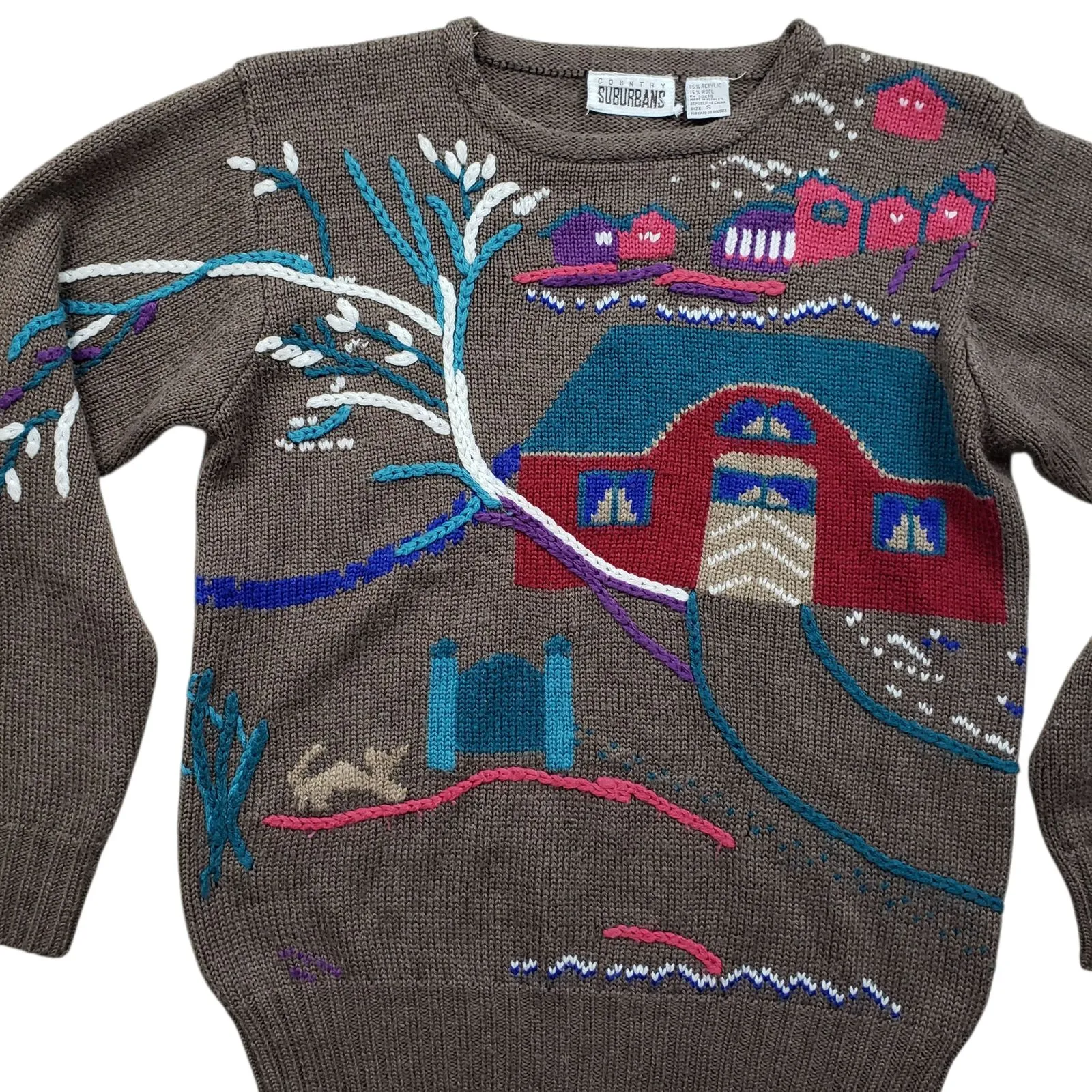 Vintage Country Suburbans Hand Knit Sweater Womens Small Farm House Town Cottage Brown - Image 2