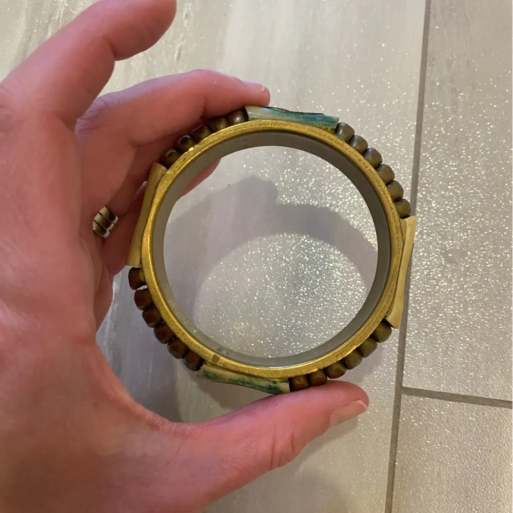 Vintage Brass Bangle Bracelet with Faded Green and Off White Accents - Image 4