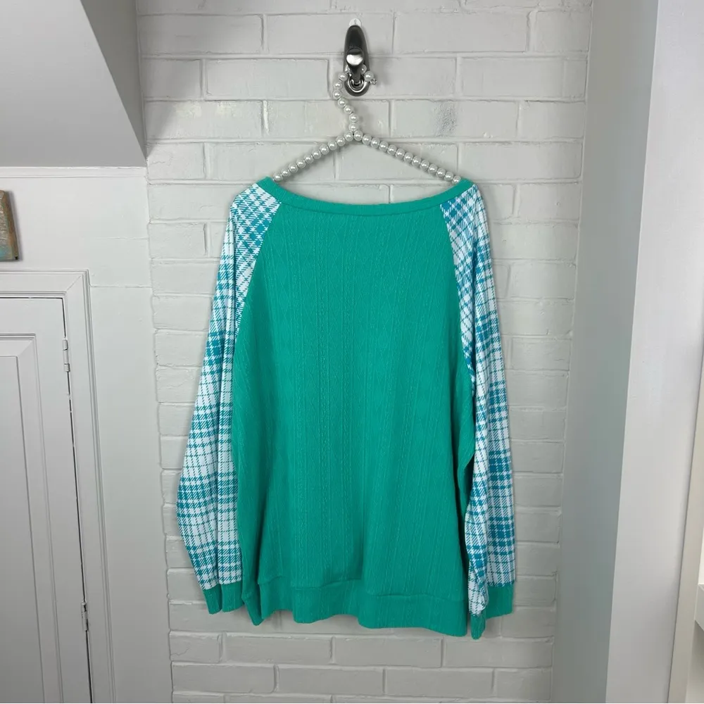 Amazon Green Teal Knit Plaid Long Sleeve Top Size 2X - Image 7