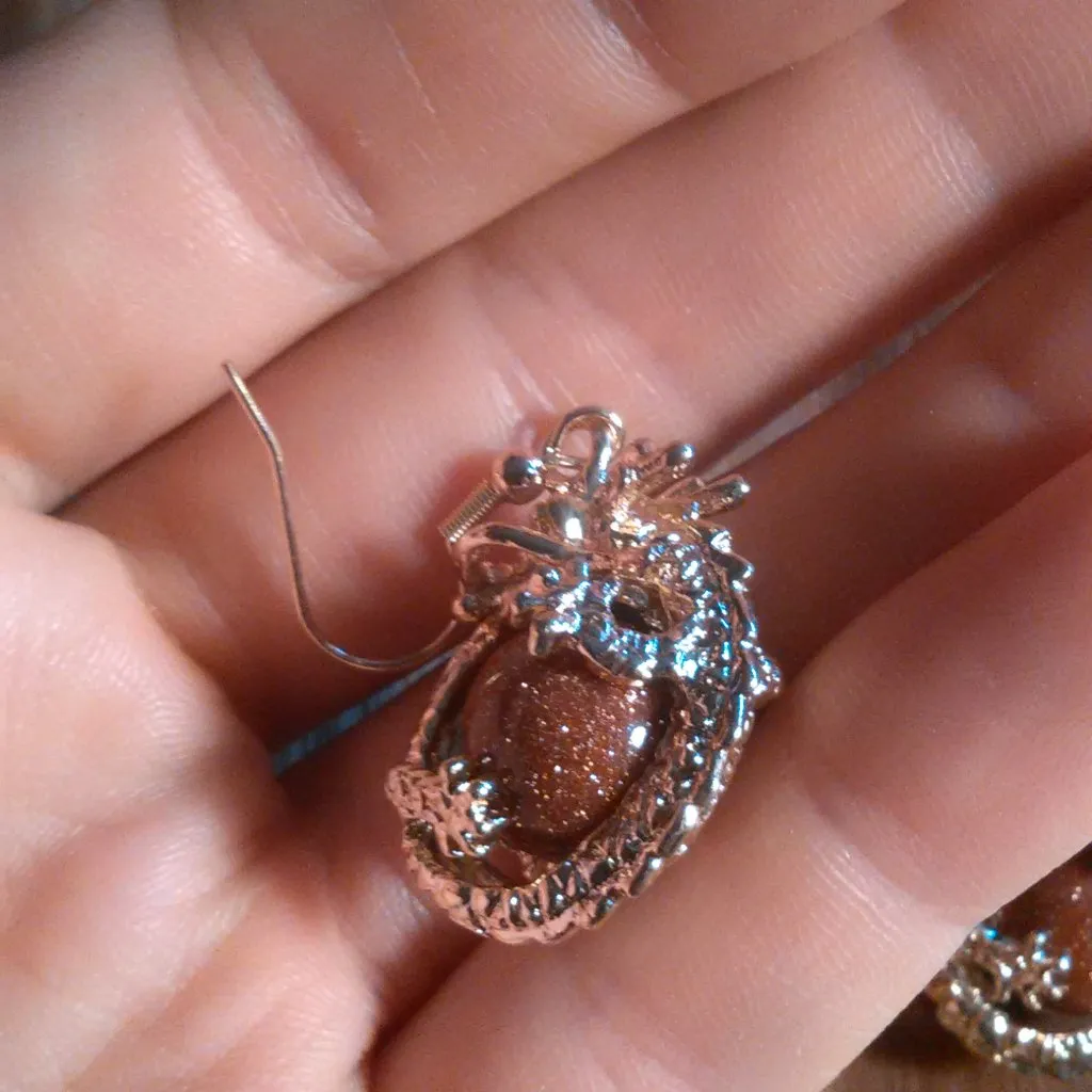 Gold Sandstone and Brown Austrian Crystal Dragon Dangle Earrings - Image 6