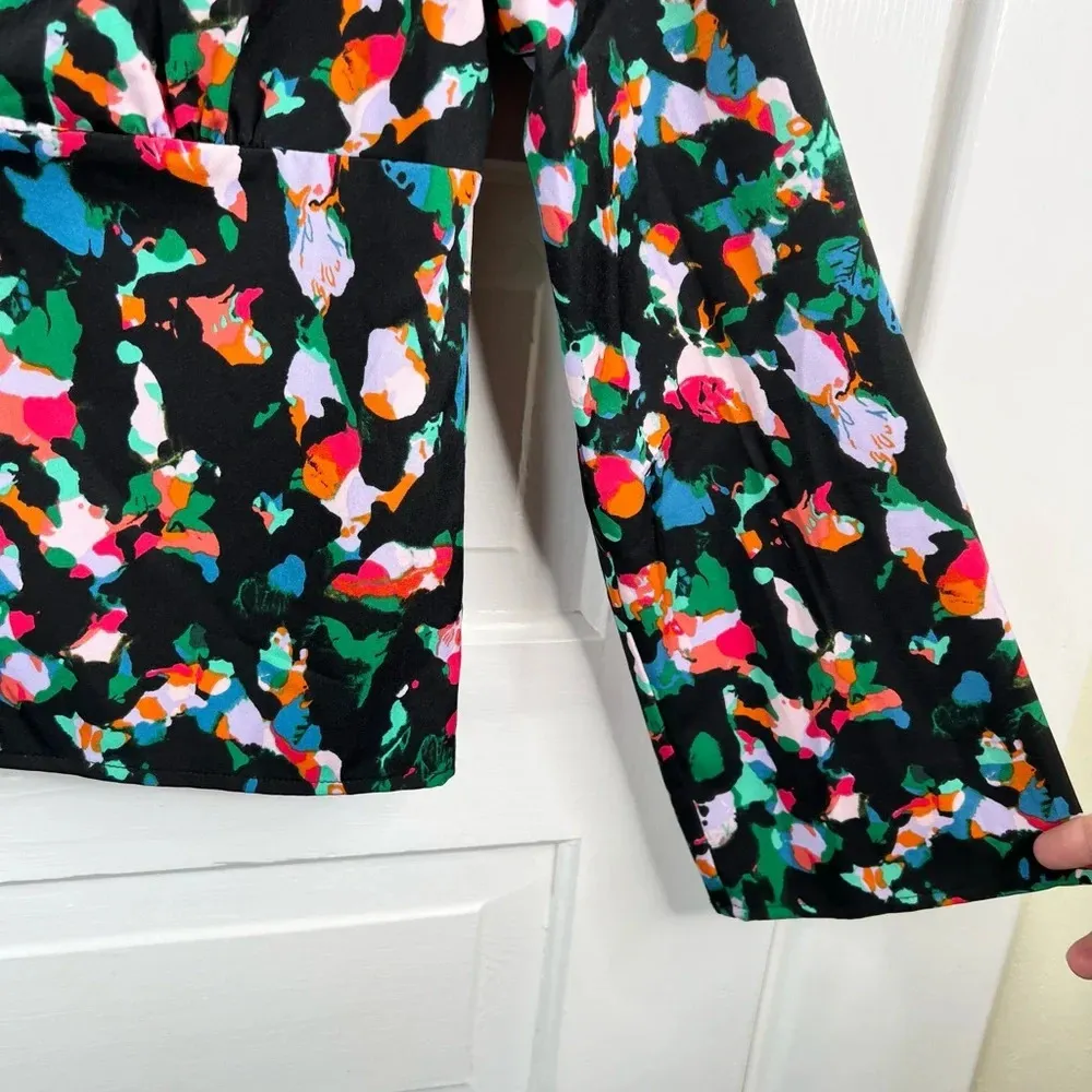 Open Edit  Abstract Tie Front Bell Sleeve Blouse Multicolor Size S NWOT - Image 5