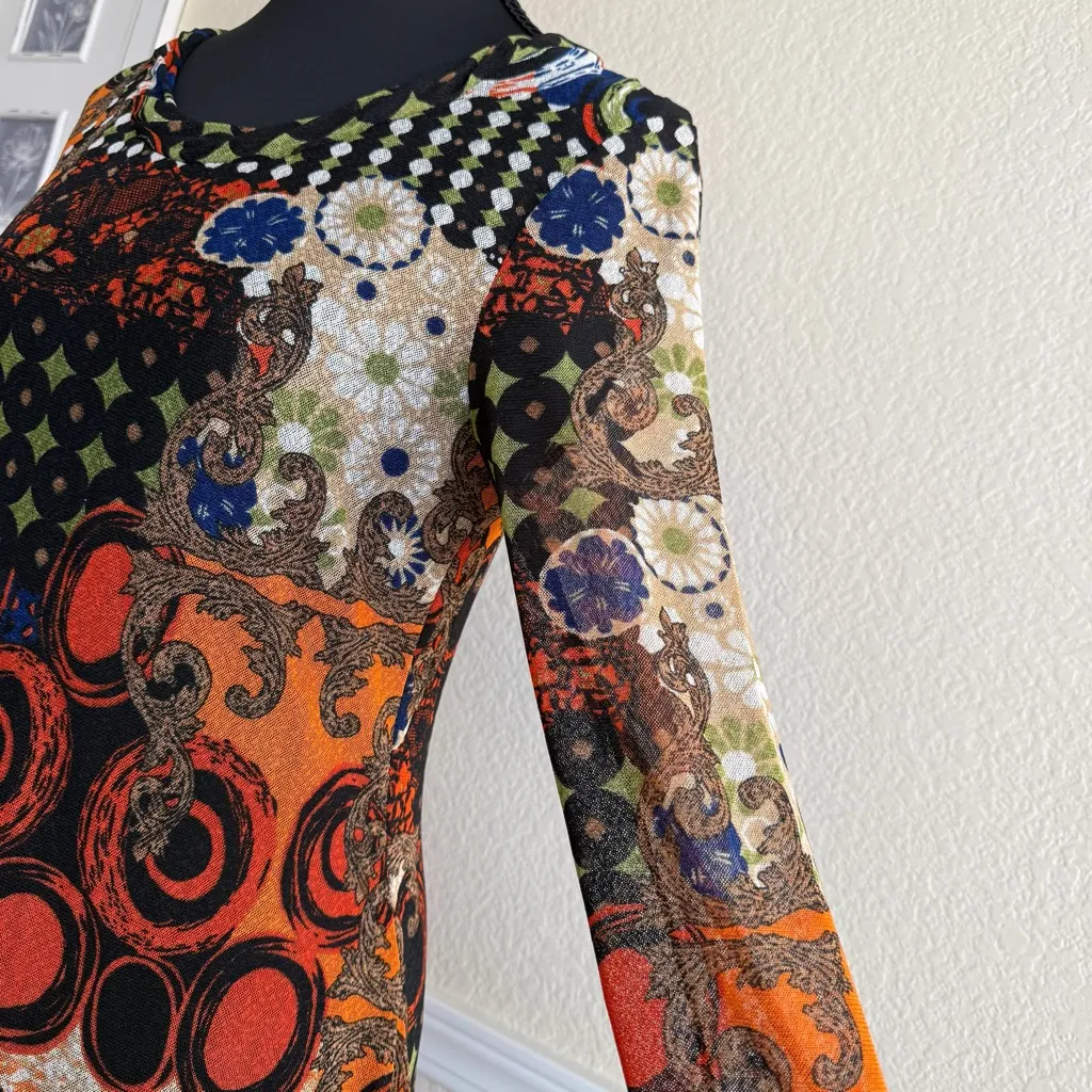 Women’s Small Multicolor Mirror Image Scoop Neck Long Sleeve Stretch Tunic Dress Black - Image 10