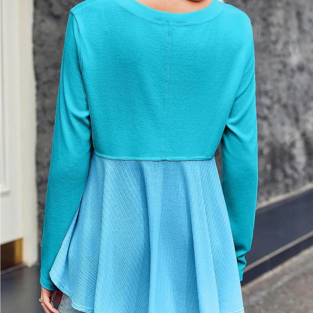 Tankaneo Womens Babydoll Tops V Neck Long Sleeve Shirts Peplum Tunic Top. Size S Blue - Image 4