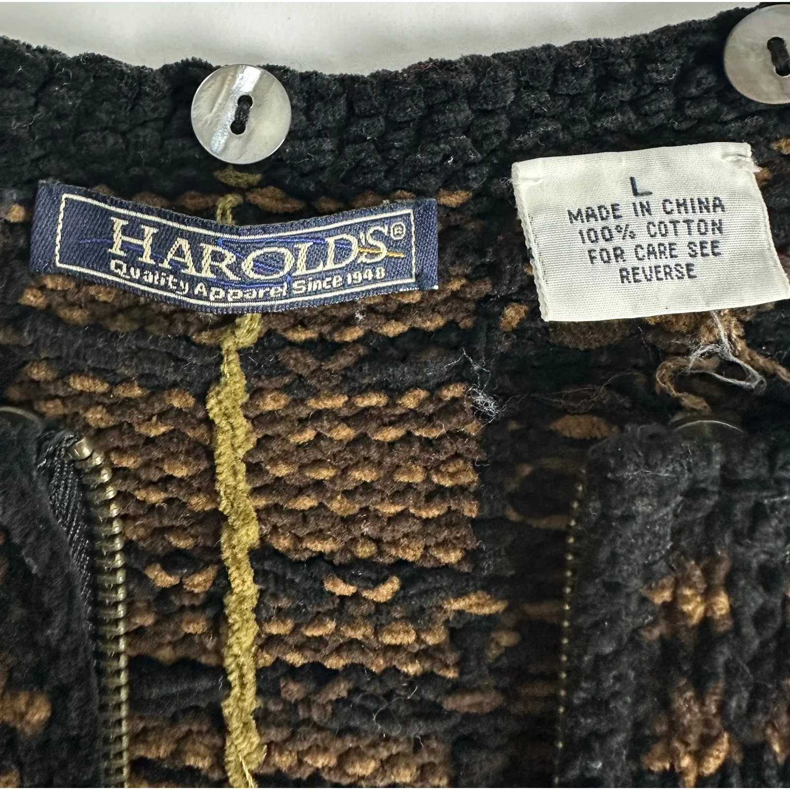 Vintage Harold's Size Large Woven Knit Vest Black Brown Full Zip Retro Hipster - Image 10