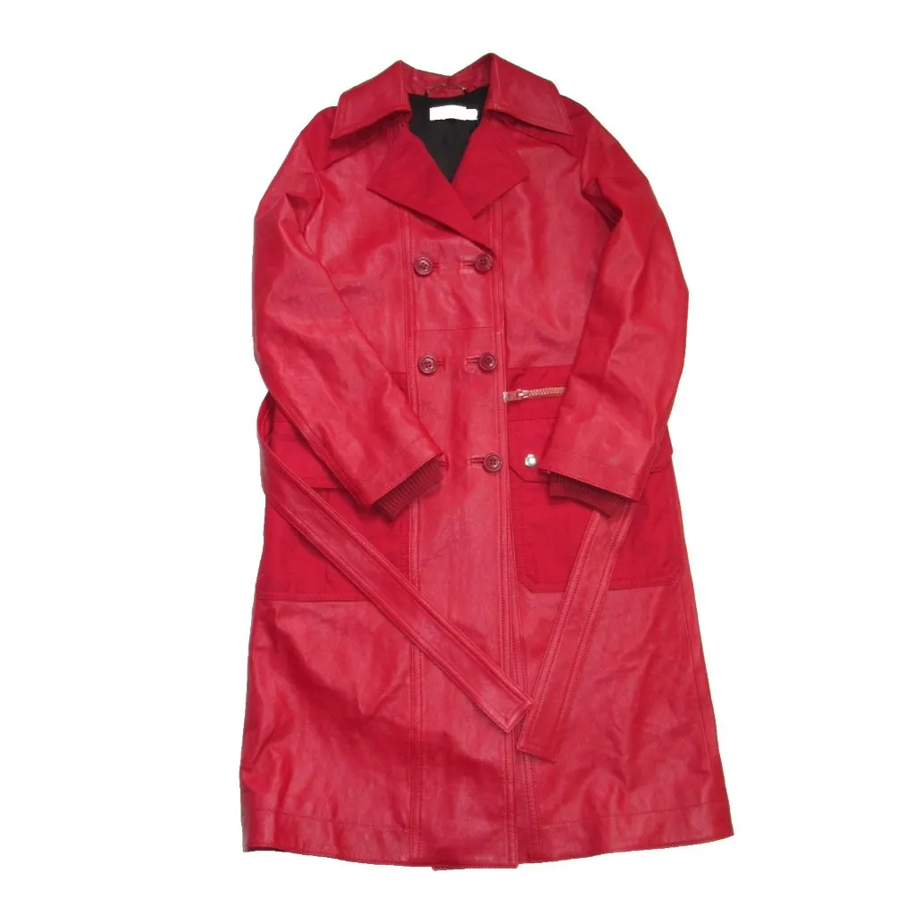 NWT Coach Leather Trench Coat in Red With Ruching Detail Belt Removable Hood 6 - Image 5
