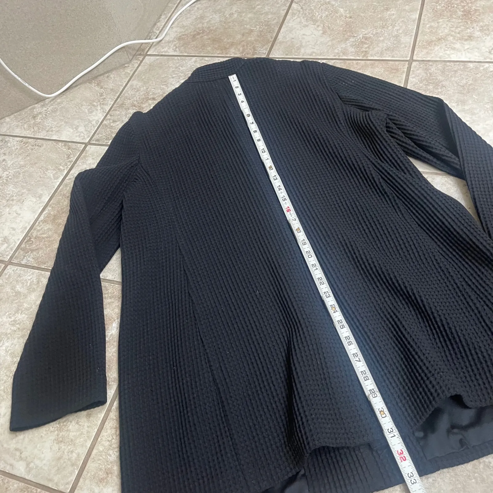 EILEEN FISHER Black Textured Knit waffle Collar longSleeve Cardigan Jacket Large - Image 3