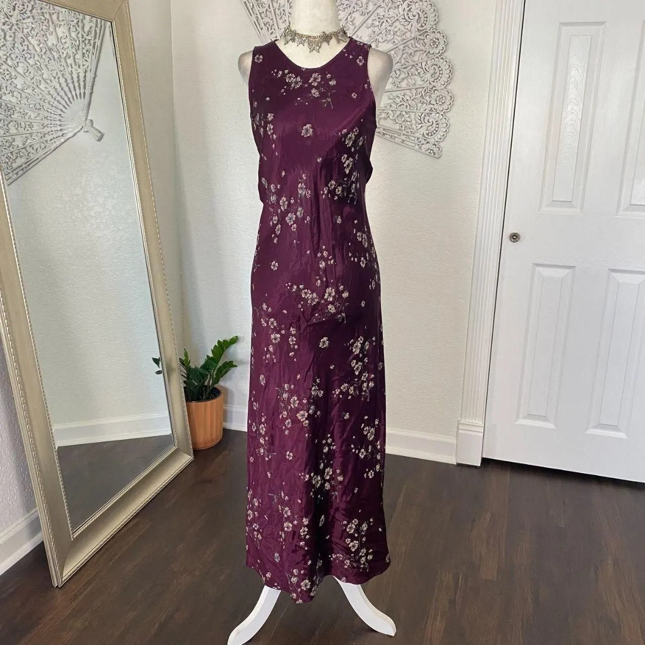 Dark Purple Burgundy Early 2000's Whimsygoth Floral Satin Midi Maxi Dress XS - Image 2