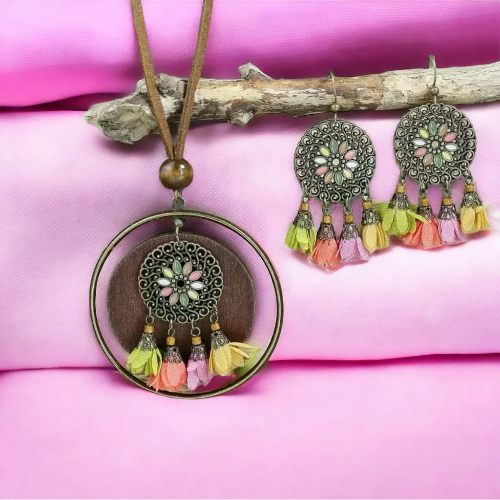 Boho Zinc Alloy Wood Retro Flower Design Tribal Necklace &‎ Earrings Set - Image 5