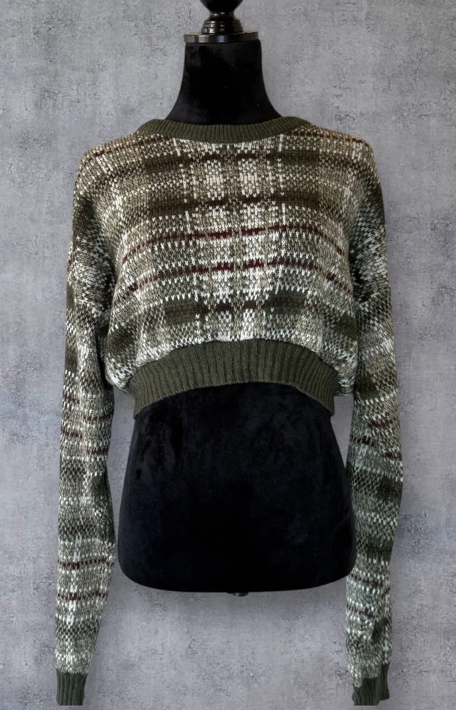 Vtg Basic Editions Grunge Cropped Plaid Crew Neck Sweater Green Fall Size M/L Size L - Image 1