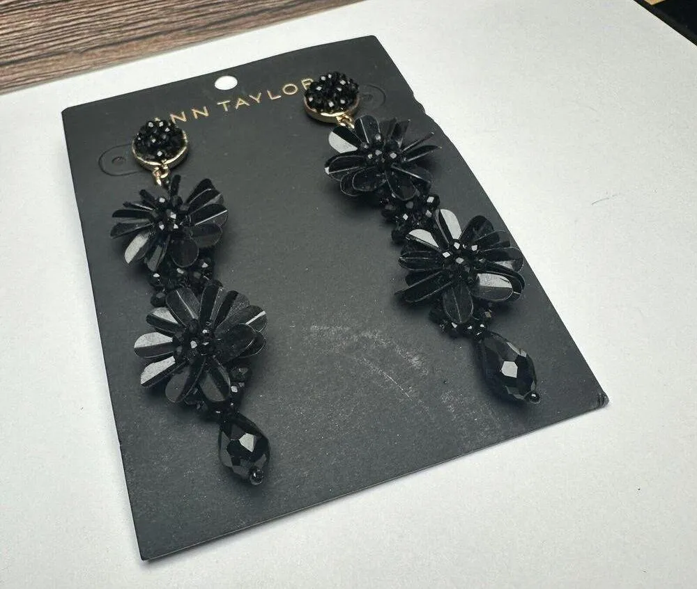 Ann Taylor Black Flower Beaded Pierced Dangle Drop Earrings DEFECT Mismatched - Image 8