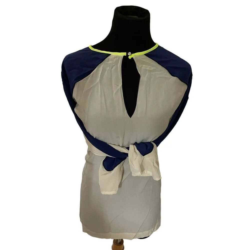 Vionnet Womens Silk Top Sz 42 Cream Navy Round Neck Raglan 3/4 Sleeve - Image 6