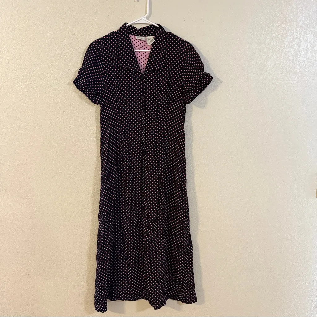 White Stag Polka Dot Black and Pink Midi Dress Women’s Sz M - Image 2