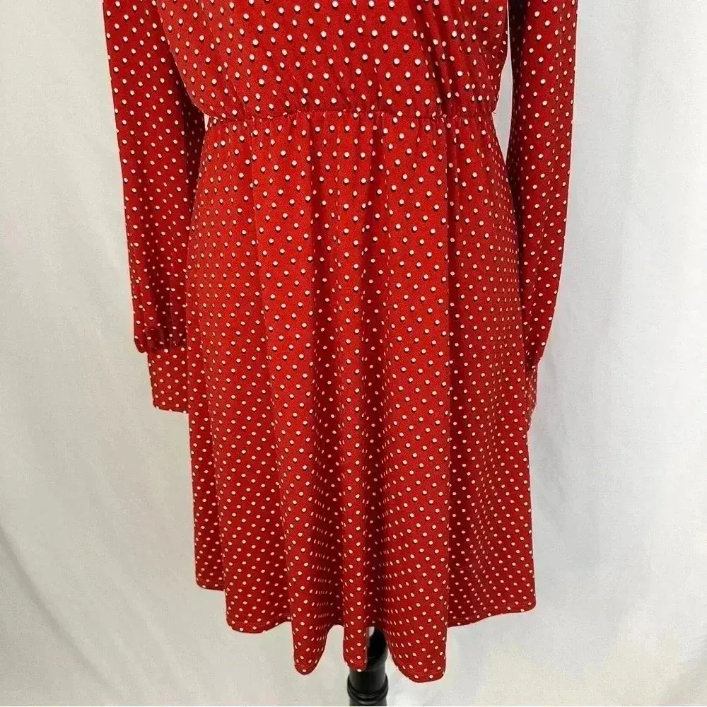 Adrianna Papell Long Sleeve Red Polka Dot V-Neck Midi Dress Medium Elastic Waist - Image 3