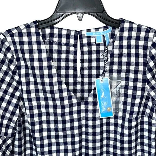 Draper James Womens Gingham V-Neck Bell Sleeve Blouse White Navy Size 2 NWT - Image 3