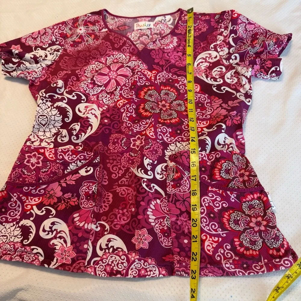 Peaches Floral Medical Scrub Top Women’s Small Mauve Pink Red Nurse Vet Cotton - Image 8