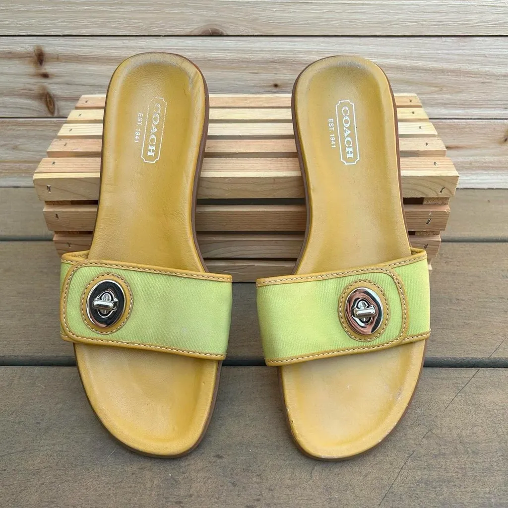 Lime Green/Tan Coach Sandals Slides w/ Canvas Turnlock Closure - Image 2
