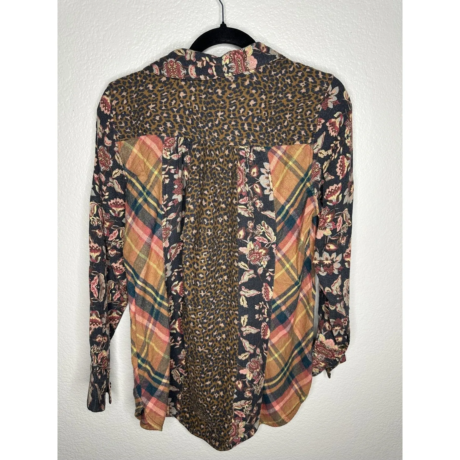 Soft Surroundings Shirt Womens Small Patchwork Floral Plaid Leopard Boho Top - Image 6