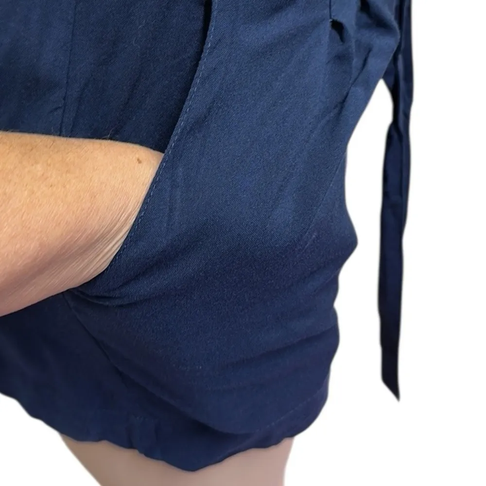 Ambiance Navy High Elastic and Tie Waist Pleated Paper Bag Pocket Shorts Small Blue - Image 5