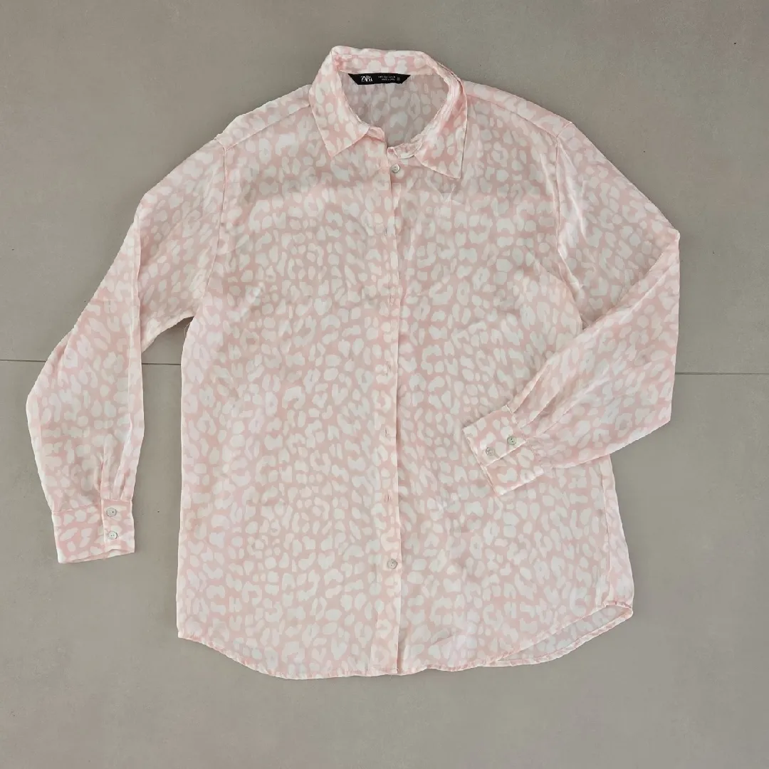 Zara Light Pink Patterned Satin Effect Blouse Size S - Image 5