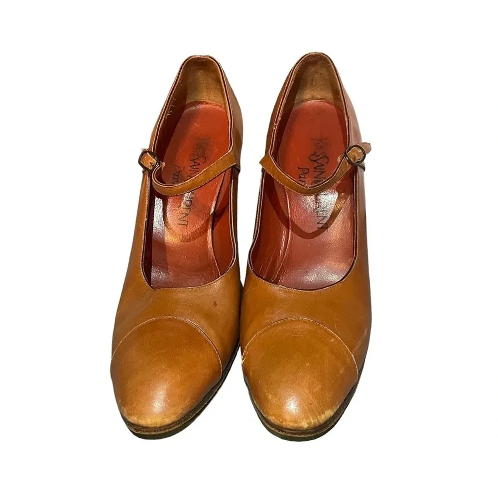 YSL VINTAGE LEATHER MARY JANE HEELS Tan Size 7.5 - Image 2