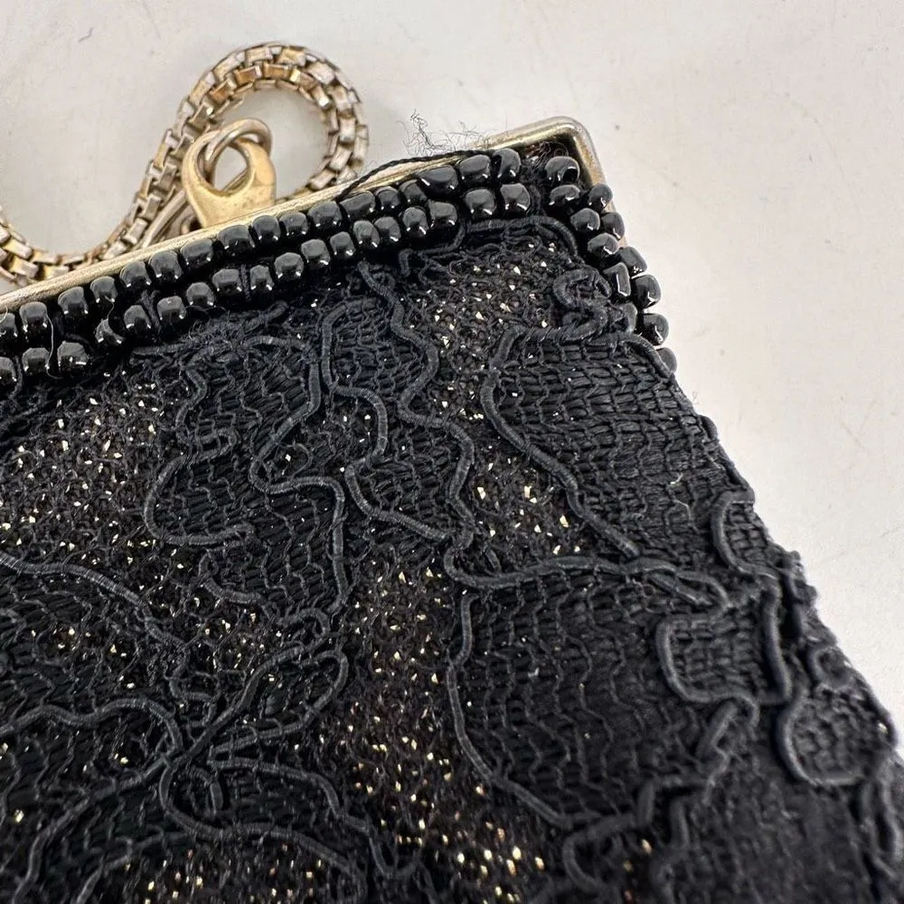 Le Regale Beaded Metallic black & gold Clutch Evening hand bag  rope chain small - Image 6