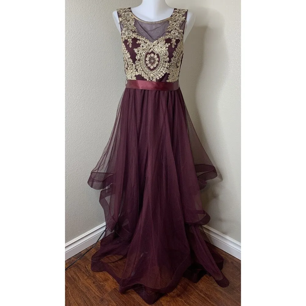 City Triangles Prom Dance Floral Burgundy Purple Sleeveless Dress Tie Jewel Sz 9 - Image 2