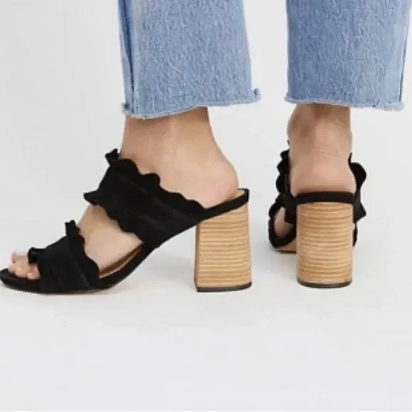 Free People Rosie Ruffle Slide Block Heel Sandal in Black Suede Size 38 - Image 2