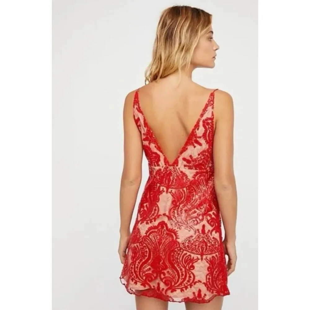 Free People Night Shimmers Mini Slip Dress Red Sequin Boho Festival US 2 NWT - Image 2
