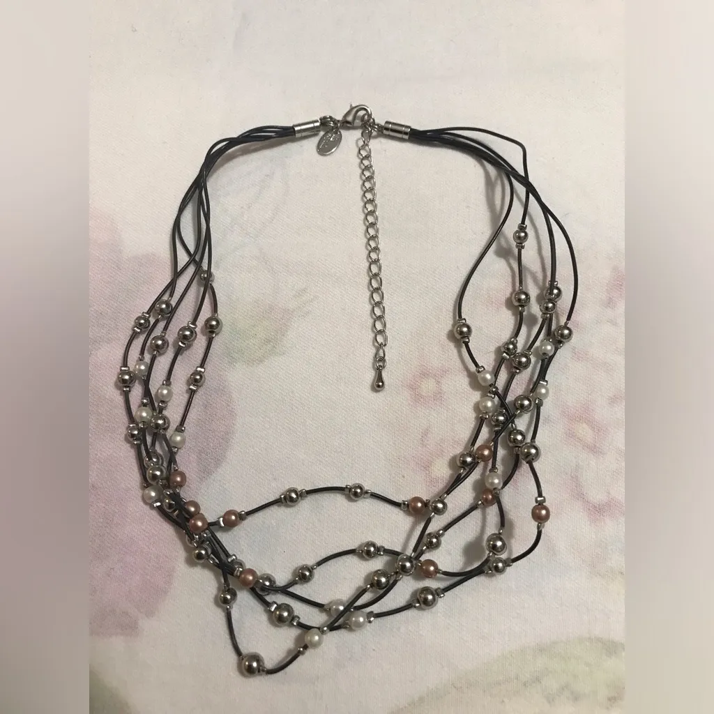 Lia Sophia Black Cord Silver Tone and Faux Pearl Multi Strand 14” plus extender - Image 3