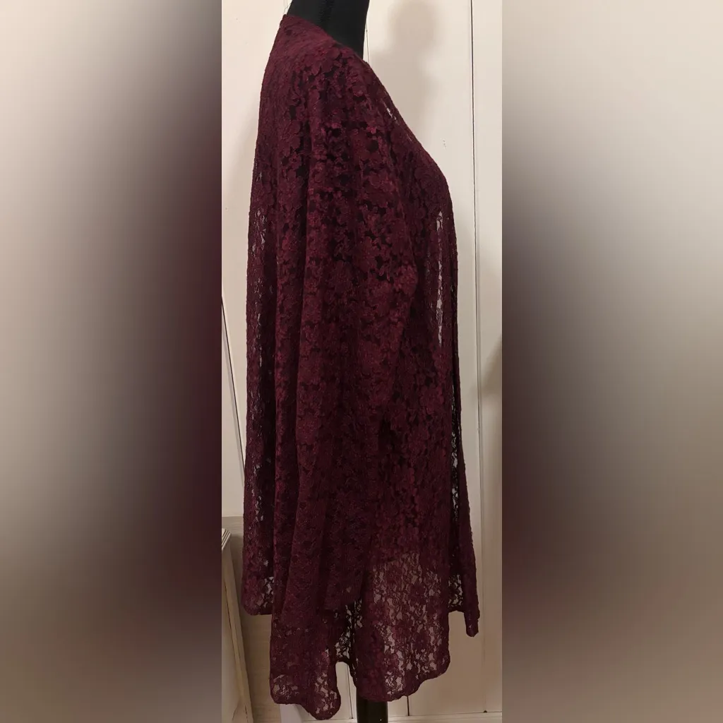 Burgundy / Dark Red Floral Mesh Net Women’s Long Cardigan - Image 9