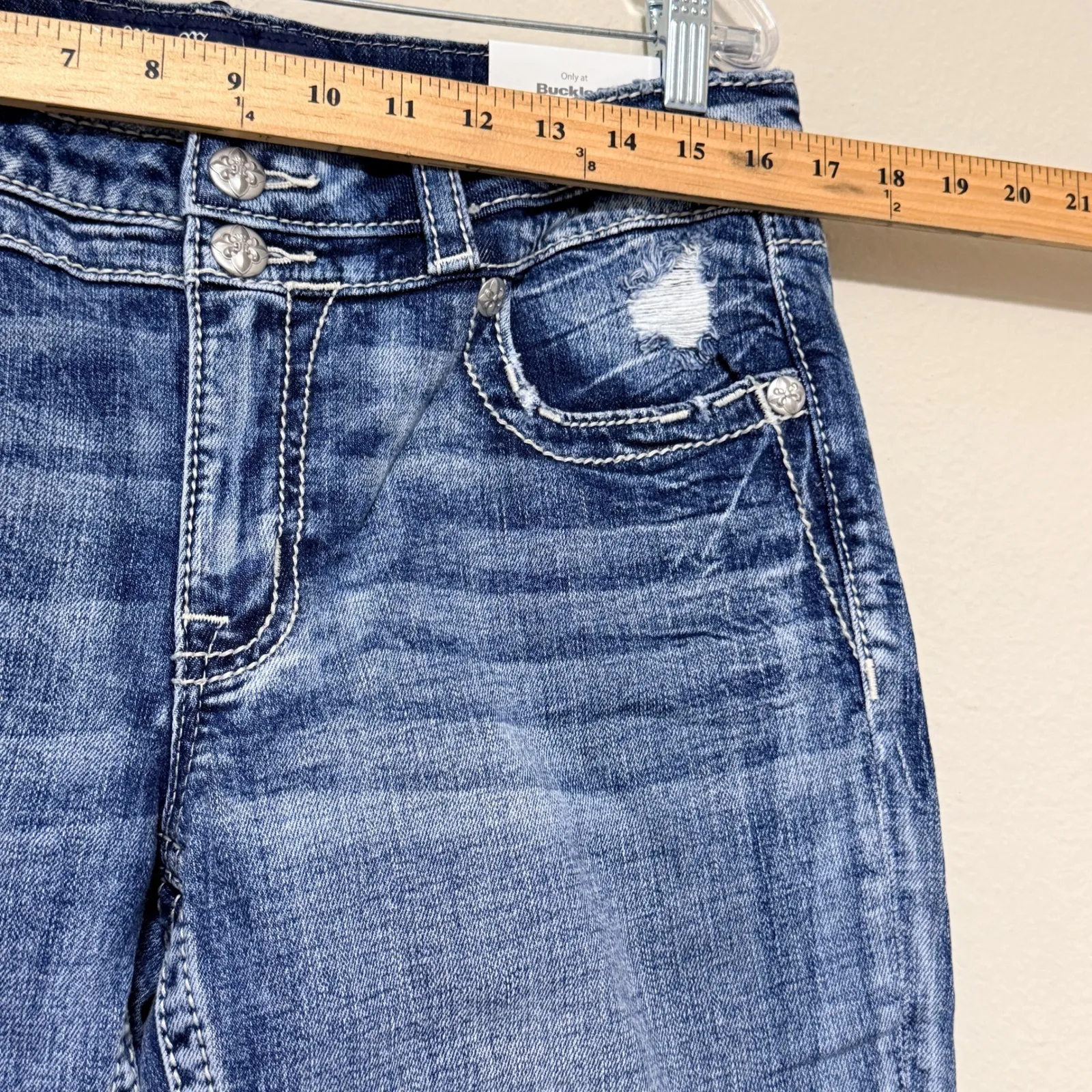 Miss Me Boot Cut Jeans Mid Rise Size 30 Short Distressed Denim Embellished - Image 14