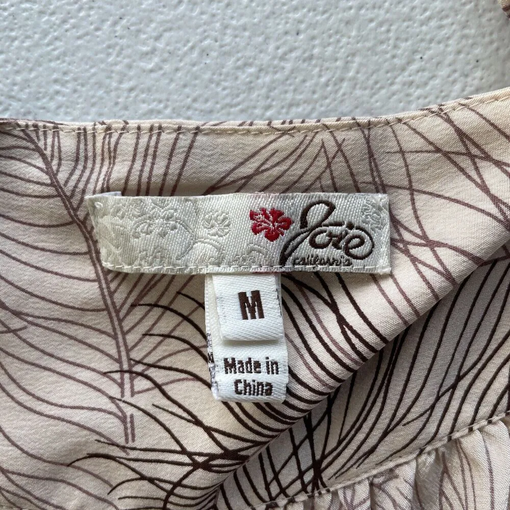 Joie Women M Silk Baby Doll Tank Top Pink Feather Print Cami 1/4 Buttons Ruffles - Image 9