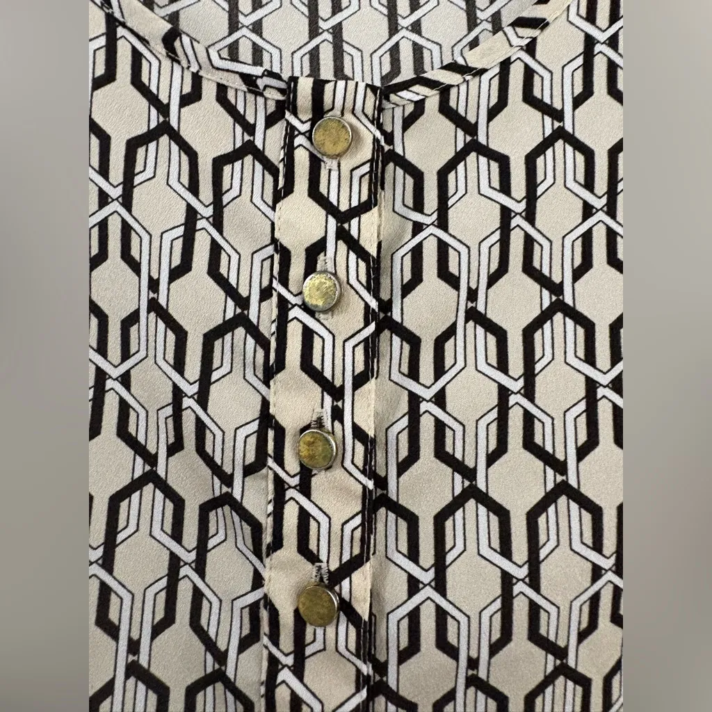 Geometric Patterned Neutral Tone Women's Top with Gold Buttons Sm Brown - Image 2