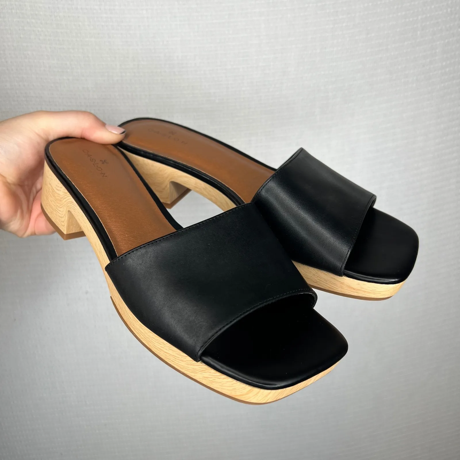CASLON Ursula Slide Black Leather Wood Platform Sandals Women's 9M - Image 2
