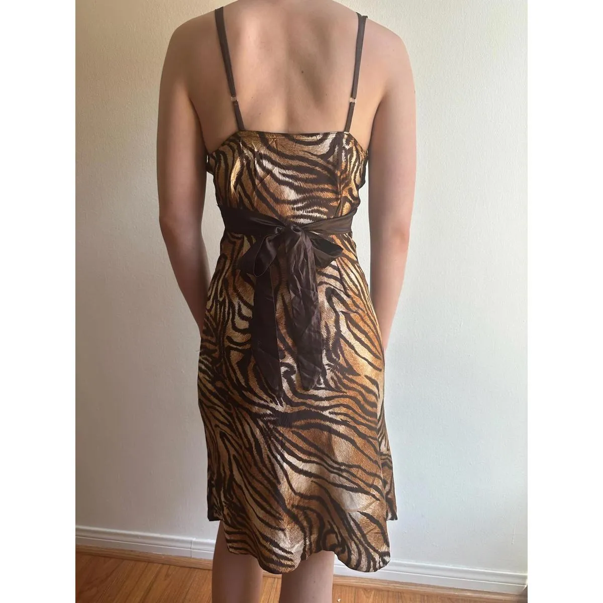 Animal Print Silky Tie Back Tiger V Neck Dress Brown - Image 7