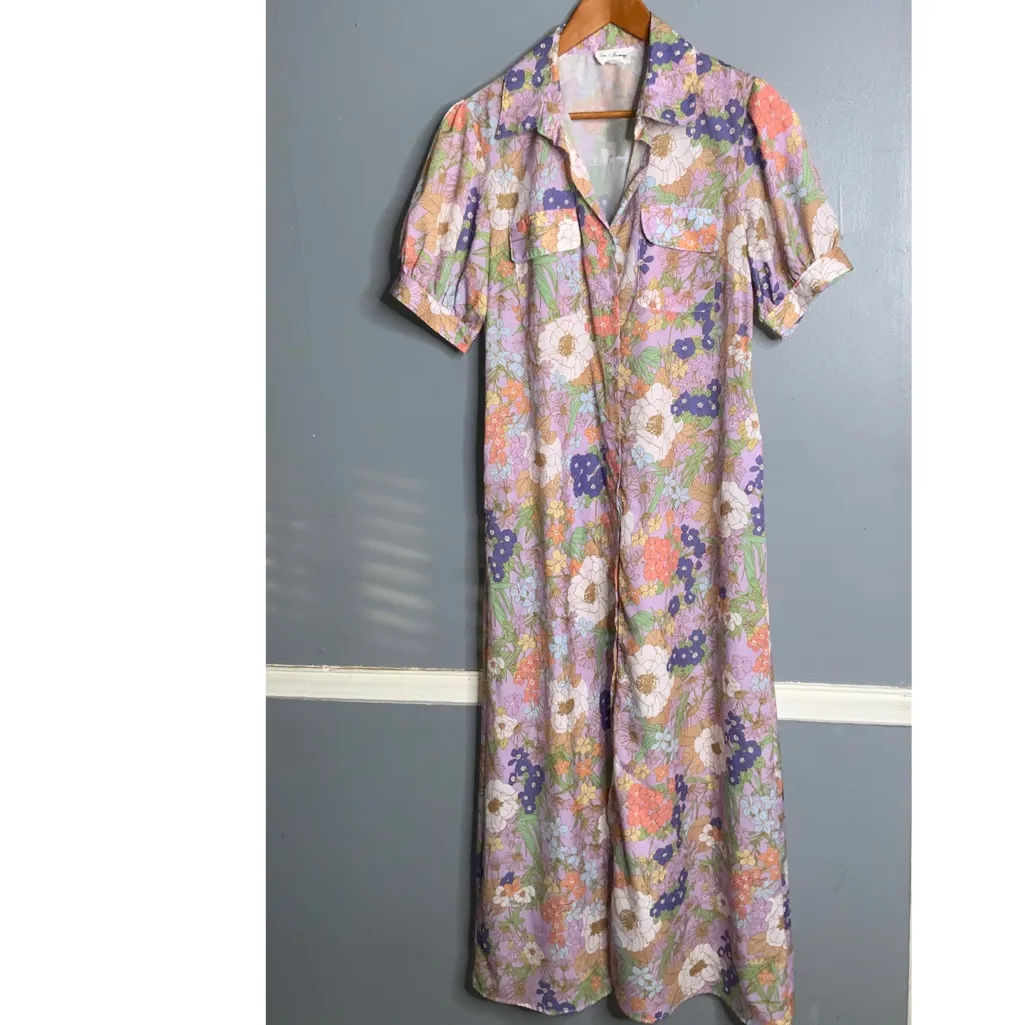 Love + Harmony Lavender Multicolor Pink Short Puffed Sleeves Floral Maxi Dress L - Image 3