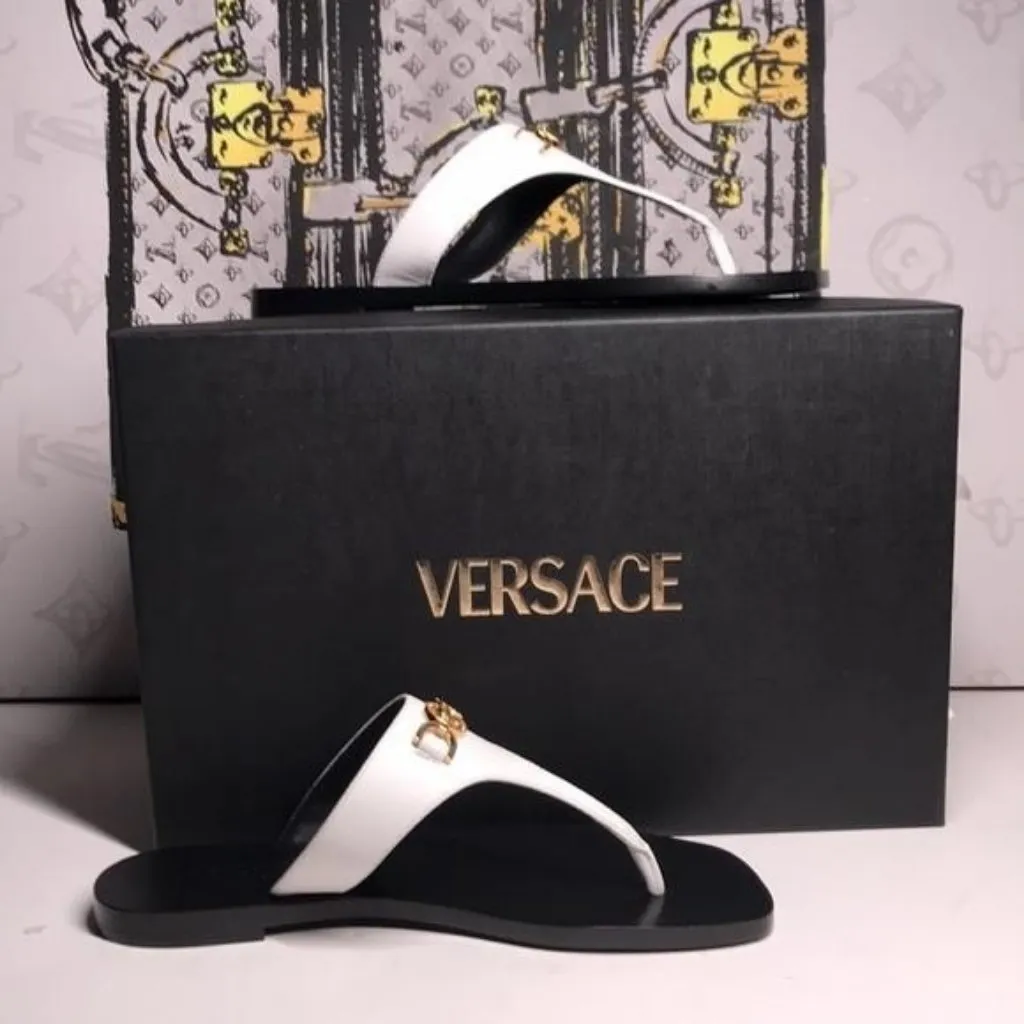 New Authentic VERSACE Medusa ’95 Flat Leather Sandals – White - Image 11